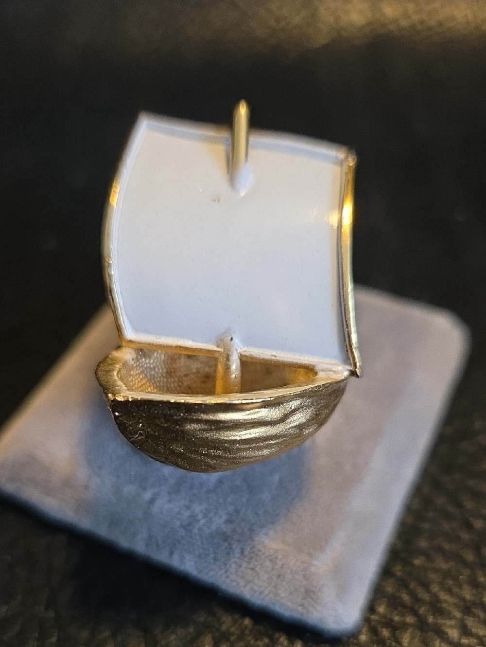 Vintage Trifari Gold-tone and White Whimsical Walnut Sailboat Pin Brooch